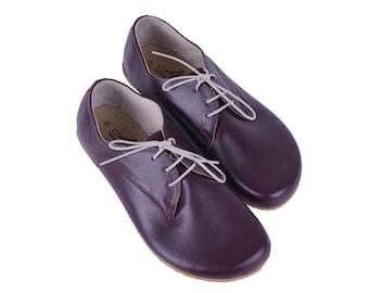 WOMEN Zero Drop Oxford Barefoot BURGUNDY SMOOTH Leather Handmade Shoes, Natural, Colorful, Slip-On 5mm Rubber Outsole