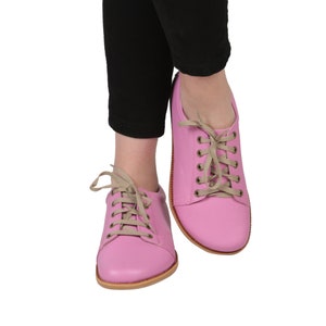 WOMEN Zero Drop SNEAKER Barefoot PINK Smooth Leather Handmade Shoes, Natural, Colorful, Slip-On
