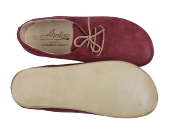 WOMEN Oxford Barefoot Claret Red Nubuck Leather Handmade Classic Yemeni Shoes, Natural, Colorful, Slip-On