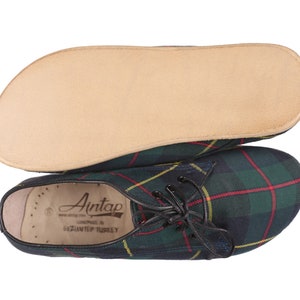 MEN Barefoot OXFORD Tartan Plaid Fabric & Leather Handmade Classic Yemeni Shoes, Natural, Colorful, Slip-On