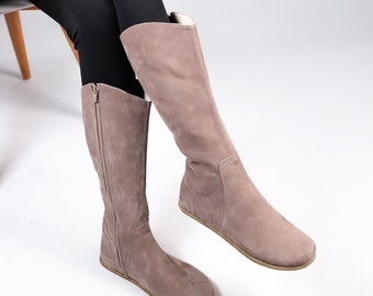 Women Flat KNEE Boots Barefoot Zero Drop SMOKED NUBUCK Leather Handmade Shoes, 5mm Leather Outsole