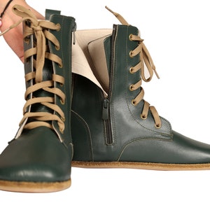 WOMEN Boots WIDE Zero Drop Barefoot GREEN SMooth Leather Handmade, Natural, Colorful, Leather Insole and Outsole