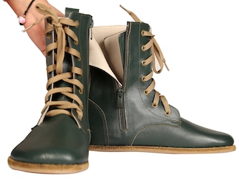 Handmade Green Leather Barefoot Boots - Wide Zero Drop
