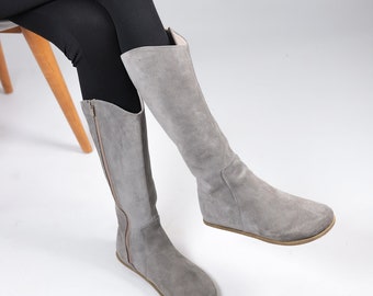 Women Flat KNEE Boots Barefoot Zero Drop GRAY SUEDE Leather Handmade Shoes, 5mm Leather Outsole