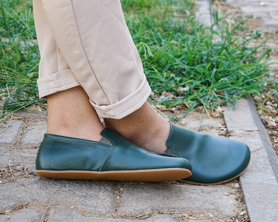 MUJER Zero Drop SLiP-On Descalzo VERDE LISO Zapatos hechos a mano de cuero,  Natural, Colorido, Suela de goma de 5 mm -  México