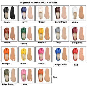 May include: A collection of colorful leather sandals in various shades, including black, navy, cream, brown, green, mustard, gray, burgundy, orange, yellow, fuscia, bright blue, red, olive green, pink, and tan. Each sandal is paired with a matching insole.