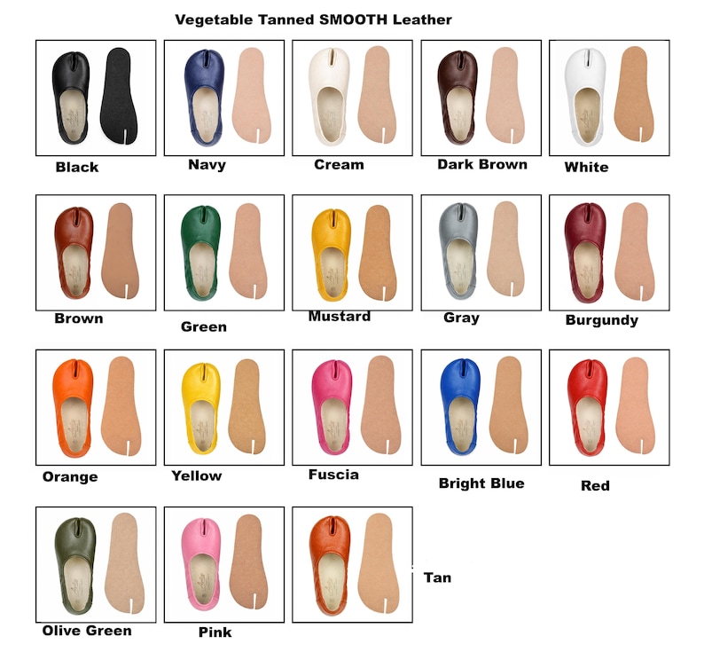 May include: A collection of colorful leather sandals in various shades, including black, navy, cream, brown, green, mustard, gray, burgundy, orange, yellow, fuscia, bright blue, red, olive green, pink, and tan. Each sandal is paired with a matching insole.