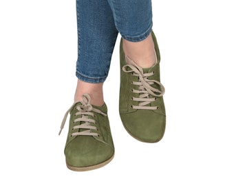 WOMEN Barefoot SNEAKERS GREEN Nubuck Leather Handmade Yemeni Shoes, Natural, Colorful, Slip-On