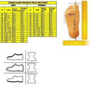 Op de afbeelding: Een tabel met schoenmaten voor mannen en vrouwen in Amerikaanse en Europese maten. De tabel bevat de maten van de binnenzool lengte en de teenbox breedte in centimeters. Een diagram toont hoe je de lengte en breedte van een voet meet.