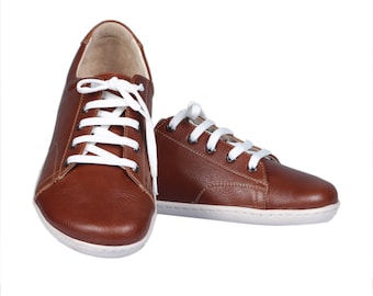 MEN SNEAKER BROWN Smooth Leather, Handmade Barefoot, Grounding, Zero Drop, Flexible Soft Rubber Sole, Stylish, Natural, Colorful