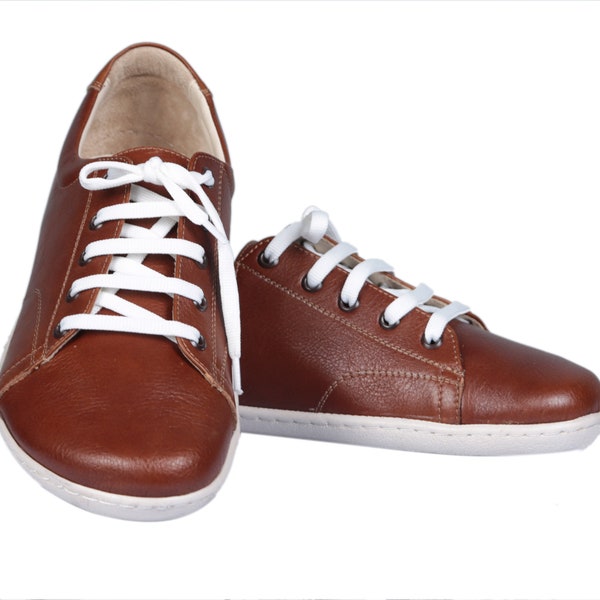MEN SNEAKER BROWN Smooth Leather, Handmade Barefoot, Grounding, Zero Drop, Flexible Soft Rubber Sole, Stylish, Natural, Colorful
