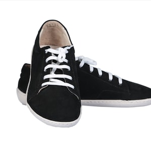 Handmade Black Nubuck Leather Barefoot Sneakers: Zero Drop Grounding Shoes