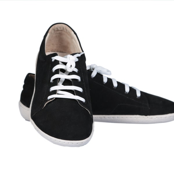 Women SNEAKER BLACK Nubuck Leather, Handmade Barefoot, Grounding, Zero Drop, Flexible Soft Rubber Sole, Stylish, Natural, Colorful