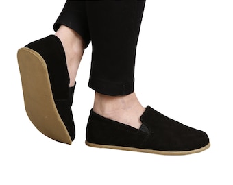 WOMEN Barefoot BLACK SUEDE Leather Handmade Yemeni Shoes, Natural, Colorful, Slip-On