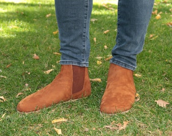 Men Handmade CHELSEA Boots Zero Drop, Barefoot TAN NUBUCK Leather, Natural, Colorful, Leather Insole & Outsole