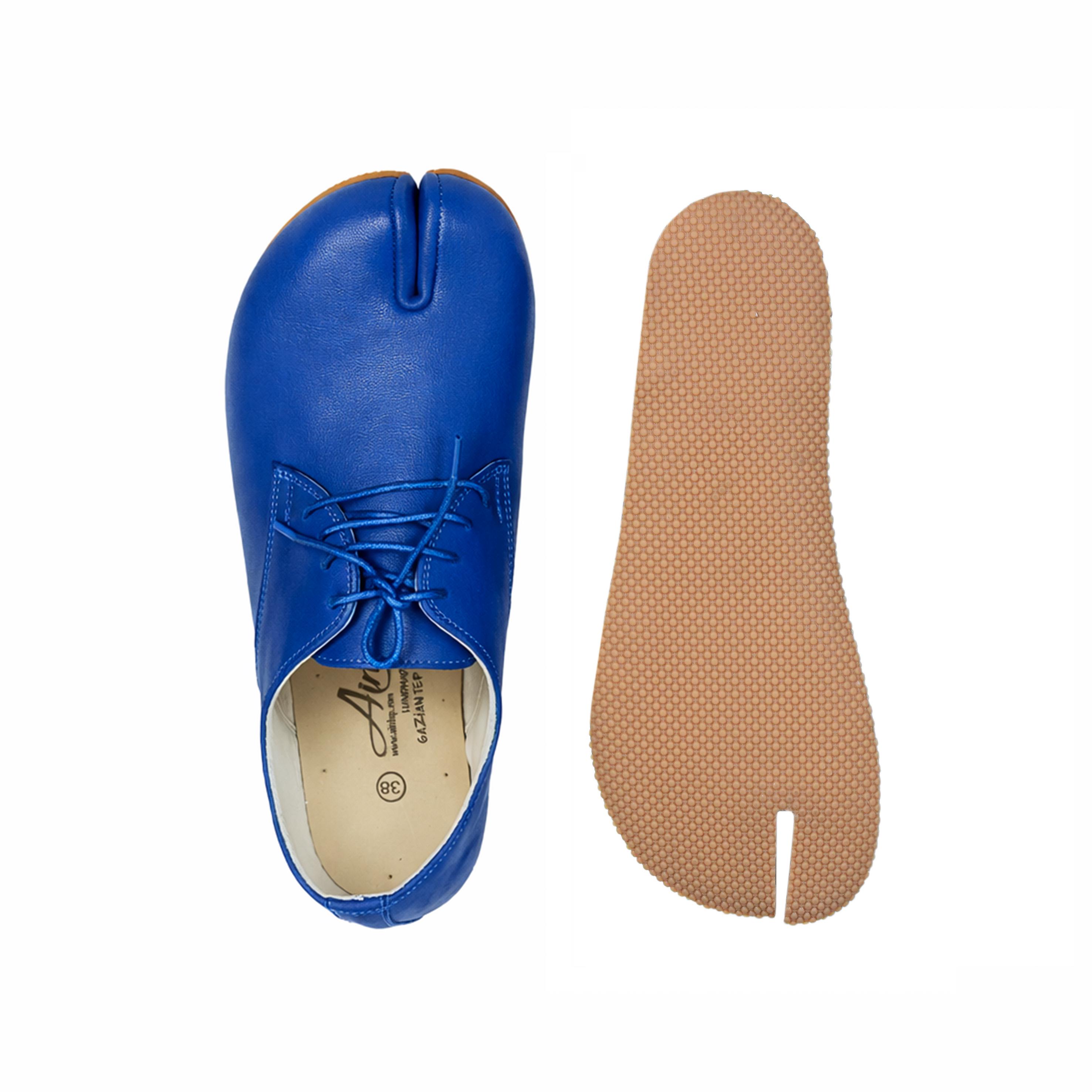 Women BRIGHT BLUE Smooth Leather Tabi Shoes, Lace-up Split-Toe Oxford Moccasins