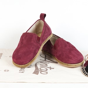 KIDS WIDER Barefoot Slip-On CLARET Red Nubuck Leather Handmade Yemeni Shoes, Natural, Colorful Boy Shoes, Girl Shoes