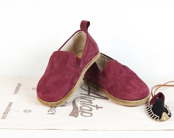 Kids Barefoot Claret Nubuck Leather Slip-On Shoes: Handmade Yemeni Style