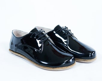 WOMEN Oxford Wide Barefoot Classic Yemeni Shoes Black Patent Leather Handmade, Natural, Colorful, Slip-On