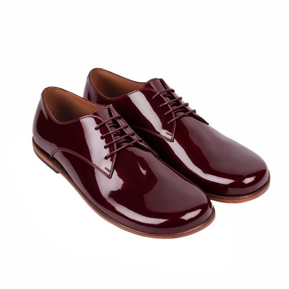 Men's Barefoot BURGUNDY PATENT Leather Oxford Shoes, Classic Comfort & Style: Handmade, Moccasins