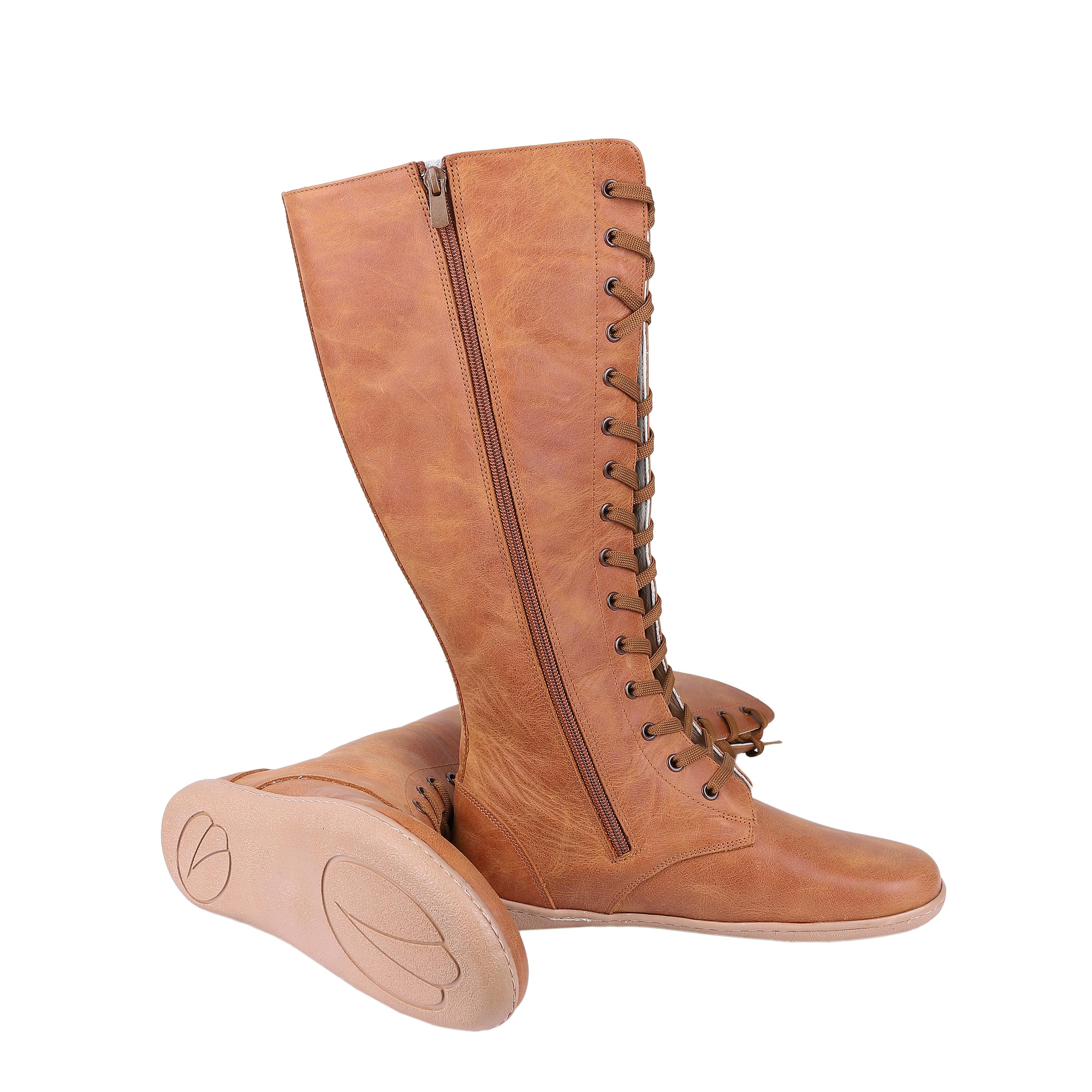Handmade Camel Leather Knee-high Boots: Women's Barefoot Zipper