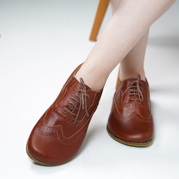 Handmade Brown Leather Oxford Shoes: Women's Barefoot Moccasins