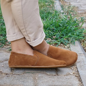 Mens Handmade Tan Nubuck Leather Barefoot Slip-On Shoes