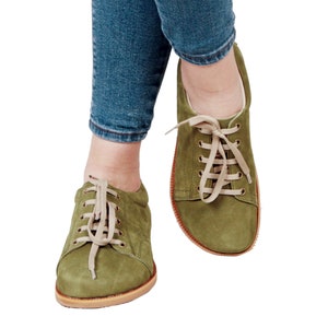 WOMEN Zero Drop SNEAKER Barefoot GREEN Nubuck Leather Handmade Shoes, Natural, Colorful, Slip-On