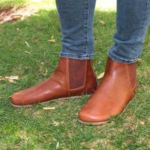 Women Handmade CHELSEA Boots Zero Drop, Barefoot BROWN Smooth Leather ...