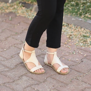 WOMEN Wider Barefoot Buckle SandaL CREAM SMOOTH Leather Handmade, Grounding, Zero Drop, Natural, Colorful