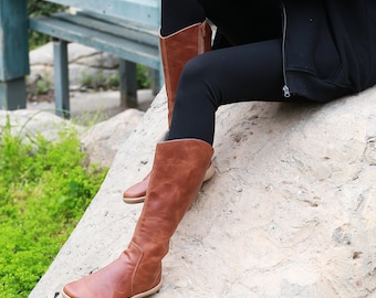 Handmade Brown Leather Knee Boots: Women's Barefoot Zero Drop Shoes
