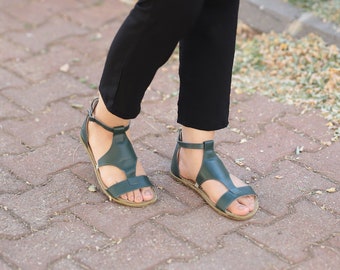 WOMEN Wider Barefoot Buckle SandaL GREEN SMOOTH Leather Handmade, Grounding, Zero Drop, Natural, Colorful