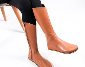 Women Flat KNEE Boots Barefoot Zero Drop TAN SMOOTH Leather Handmade Shoes, 5mm Leather Outsole