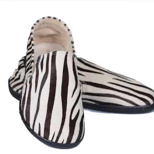 Men&#39;s Zebra Calf Hair Leather Slip-On Shoes: Handmade Barefoot Sneakers