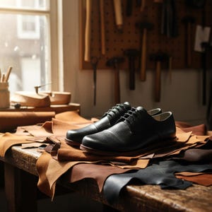 May include: A pair of black leather dress shoes with laces, resting on a wooden table covered in various shades of brown leather. The background shows a workshop with tools hanging on the wall.