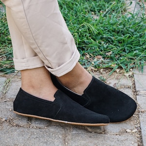 MEN Zero Drop Slip-On Barefoot BLACK NUBUCK Leather Handmade Shoes, Natural, Colorful, 5mm RuBBER OuTSOLE