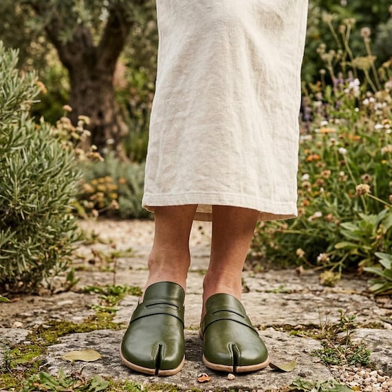Men Penny Clog Slipper Barefoot Tabi Shoes GREEN SMOOTH Leather