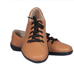 Men&#39;s Tan Leather Barefoot Sneakers: Zero Drop, Wide Toe