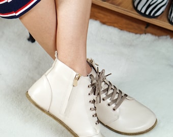 Women SHORT Boots Zipper & Laces Zero Drop, Barefoot CREAM Smooth Leather, Colorful, Leather Insole, 6mm Leather Outsole