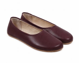 Women BURGUNDY SMOOTH Leather Barefoot Ballerinas: Handmade Zero Drop Shoes, Classic Comfort & Style, 6mm Rubber Outsole