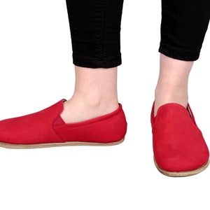 WOMEN Barefoot RED Nubuck Leather Handmade Classic Yemeni Shoes, Natural, Colorful, Slip-On