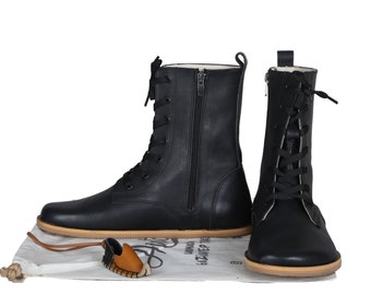 Handmade Black Leather Barefoot Boots: Wide Toe, Zero Drop