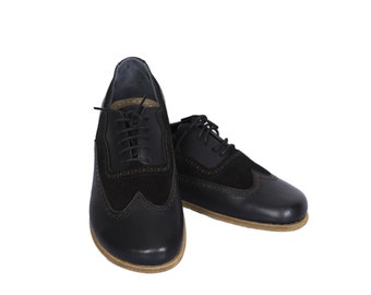 MEN Barefoot OXFORD, Moccasin Shoes for  Businessman Matte Black Smooth Leather Handmade Zero Drop, Dress Formal Oxfords Lace Up