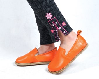 Kids Orange Leather Barefoot Shoes: Handmade Slip-On Yemeni Style