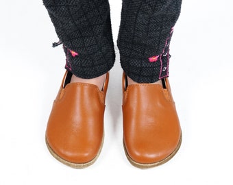 Kids Handmade Tan Leather Barefoot Shoes: Wide Toe Slip-On