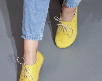 WOMEN Zero Drop Oxford Barefoot YELLOW SMOOTH Leather Handmade Shoes, Natural, Colorful, Slip-On 5mm Rubber Outsole