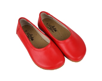 Kids Red Leather Barefoot Ballet Flats Handmade Yemeni Shoes