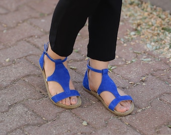 WOMEN Wider Barefoot Buckle Sandals, BLUE NUBUCK Leather Handmade, Grounding, Zero Drop, Natural, Colorful