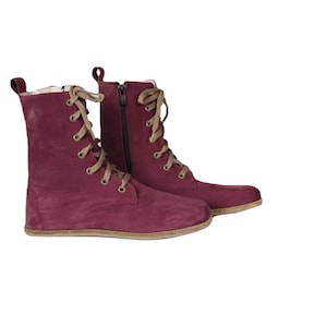 Dames handgemaakte LANGE laarzen Zero Drop, blote voeten CLARET rood NUBUCK leer, natuurlijk, kleurrijk, lederen binnenzool en buitenzool