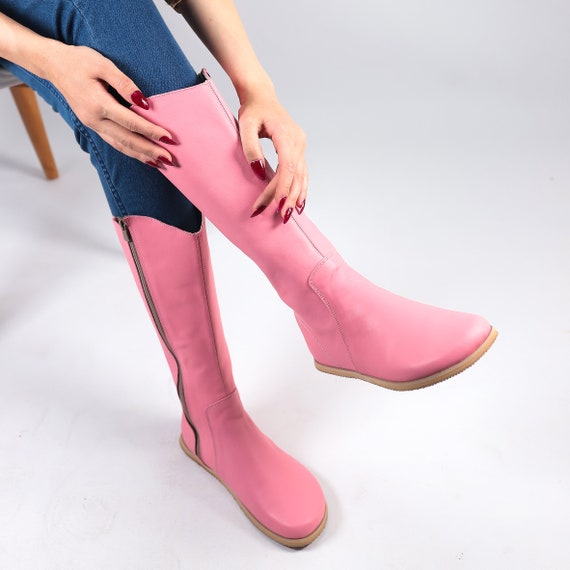 Women Flat KNEE Boots Barefoot Zero Drop PINK SMOOTH Leather
